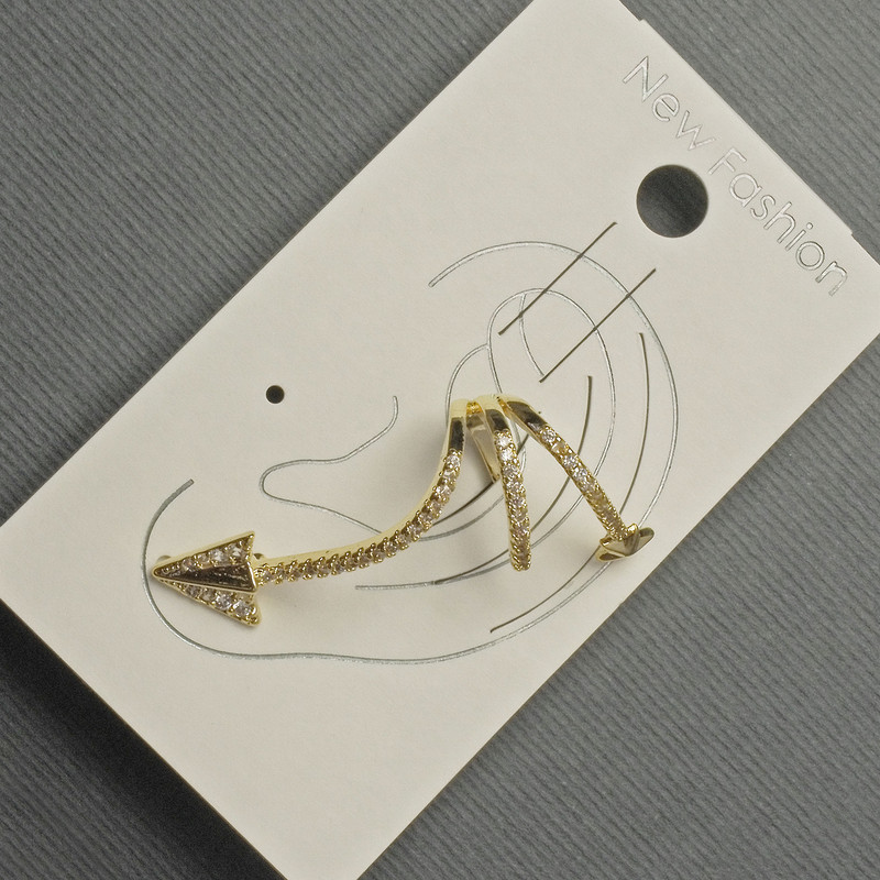 Náušnice Kaf na ucho zlatistého kovu 15×35 mm ± bílé štrasové kamínky