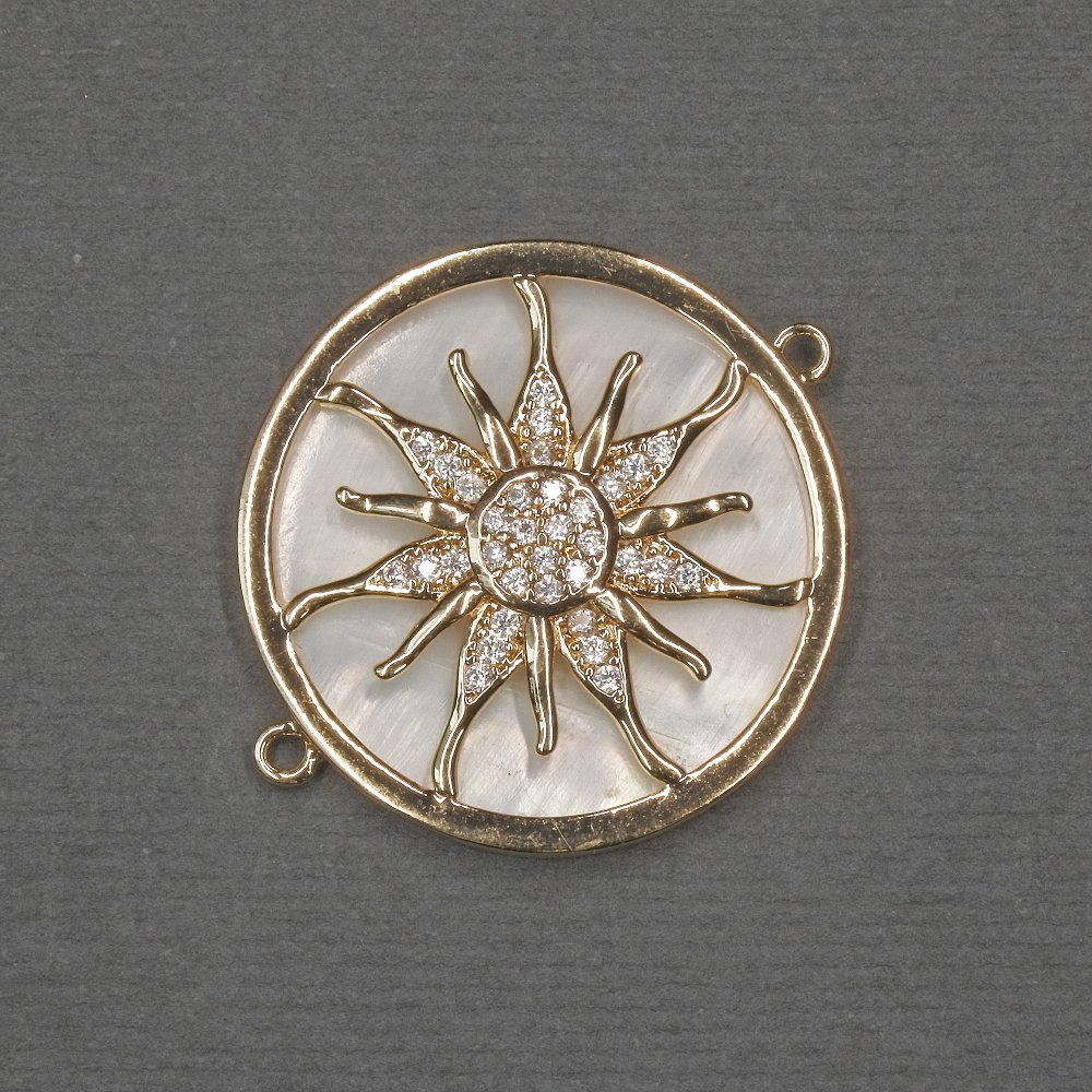 Konektor Slunce s přírodní perletí 25×30×3 mm ± zlatý kov