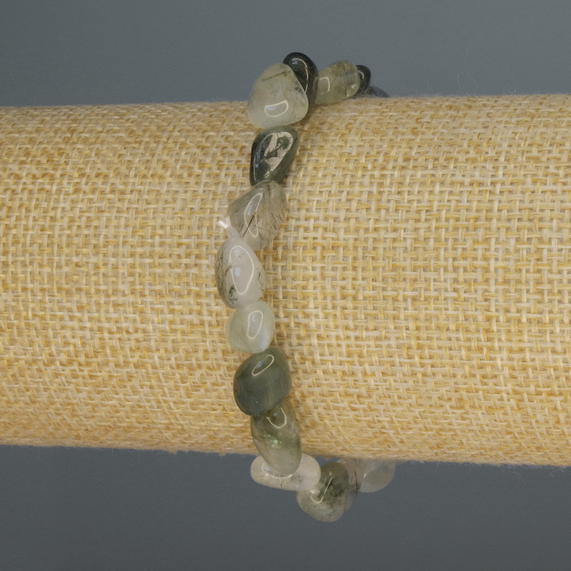 Náramek z rutilitového křemene, vlásený, broušené korálky, průměr 8–10×7 mm, délka 18 cm, elastické provedení