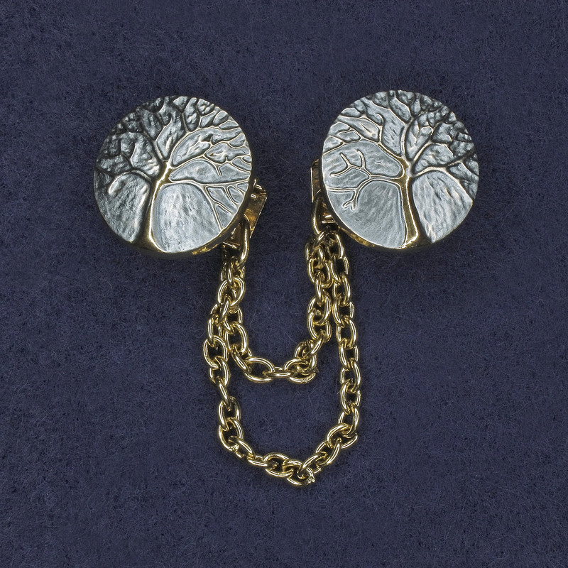 Brož na kardigány s modrým smaltem a zlatým kovem, průměr 20 mm ±, řetízek délka 9 cm+