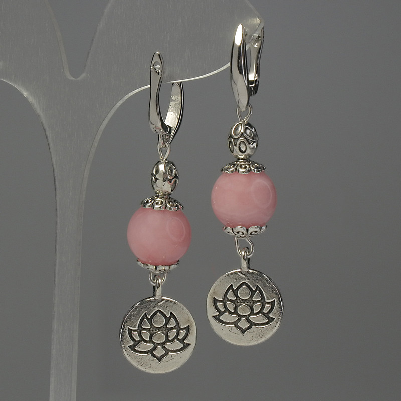 Náušnice z růžového křemene – kuličky 12 mm ± kovové vsadky, délka cca 60 mm