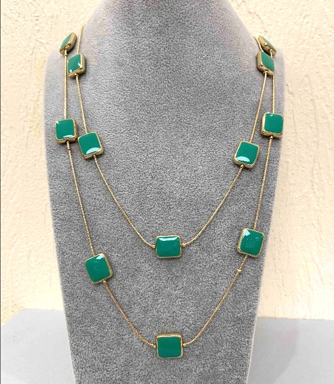 Náhrdelník Kaskáda dvouřadý s čtvercovými korálkami, délka 80 cm, žlutý kov