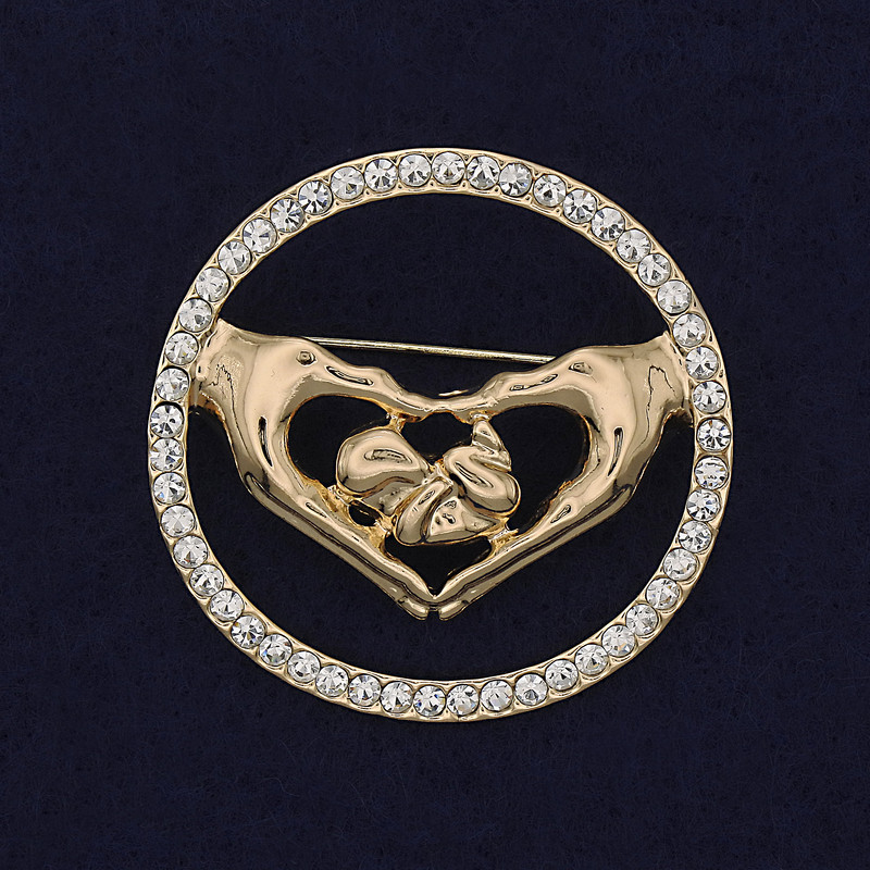 Brož Srdce se štrasovými kamínky, zlatistý kov, 38 mm+