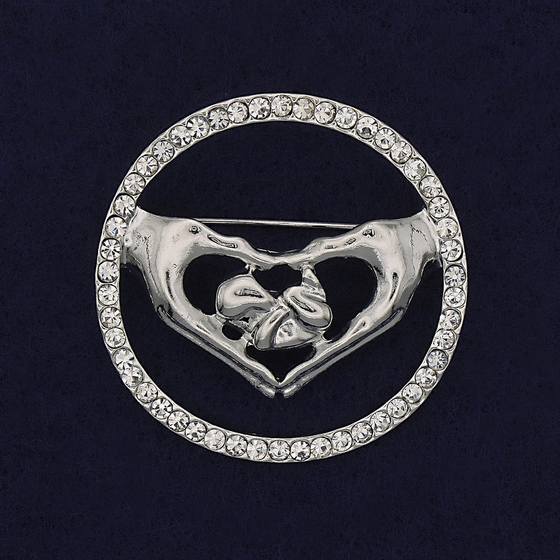 Brož «Srdce» s bílými krystaly, stříbrně lesklý kov, 38 mm+