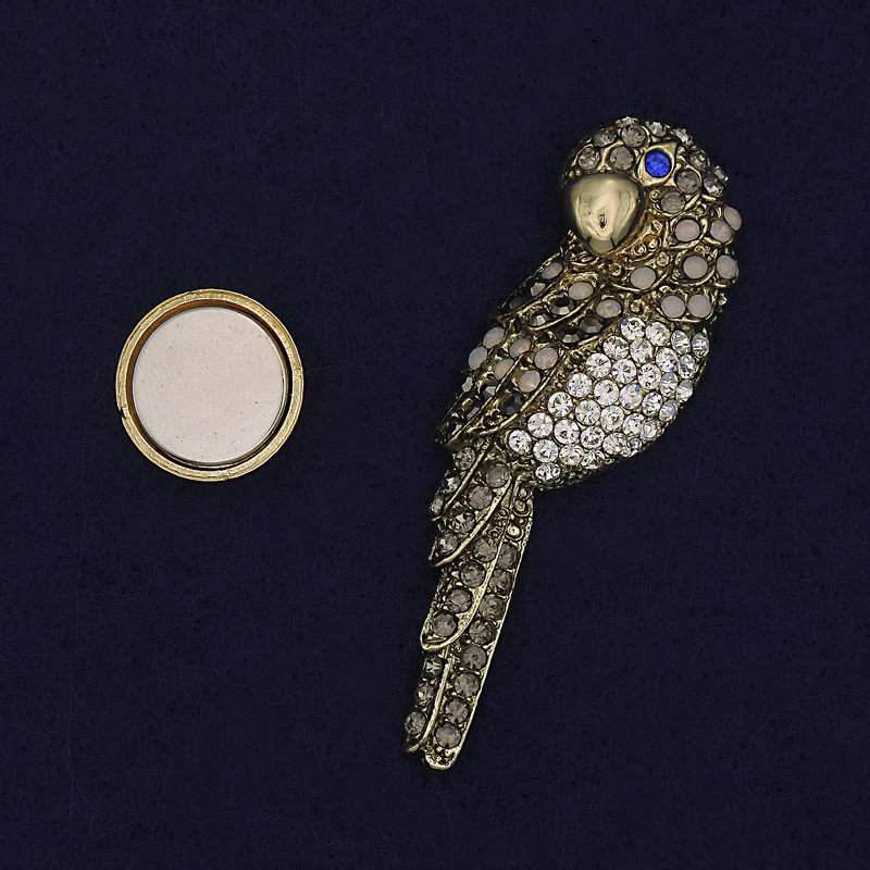 Brož na magnetu Papoušek se zlatavými štrasovými kamínky 54×17 mm+