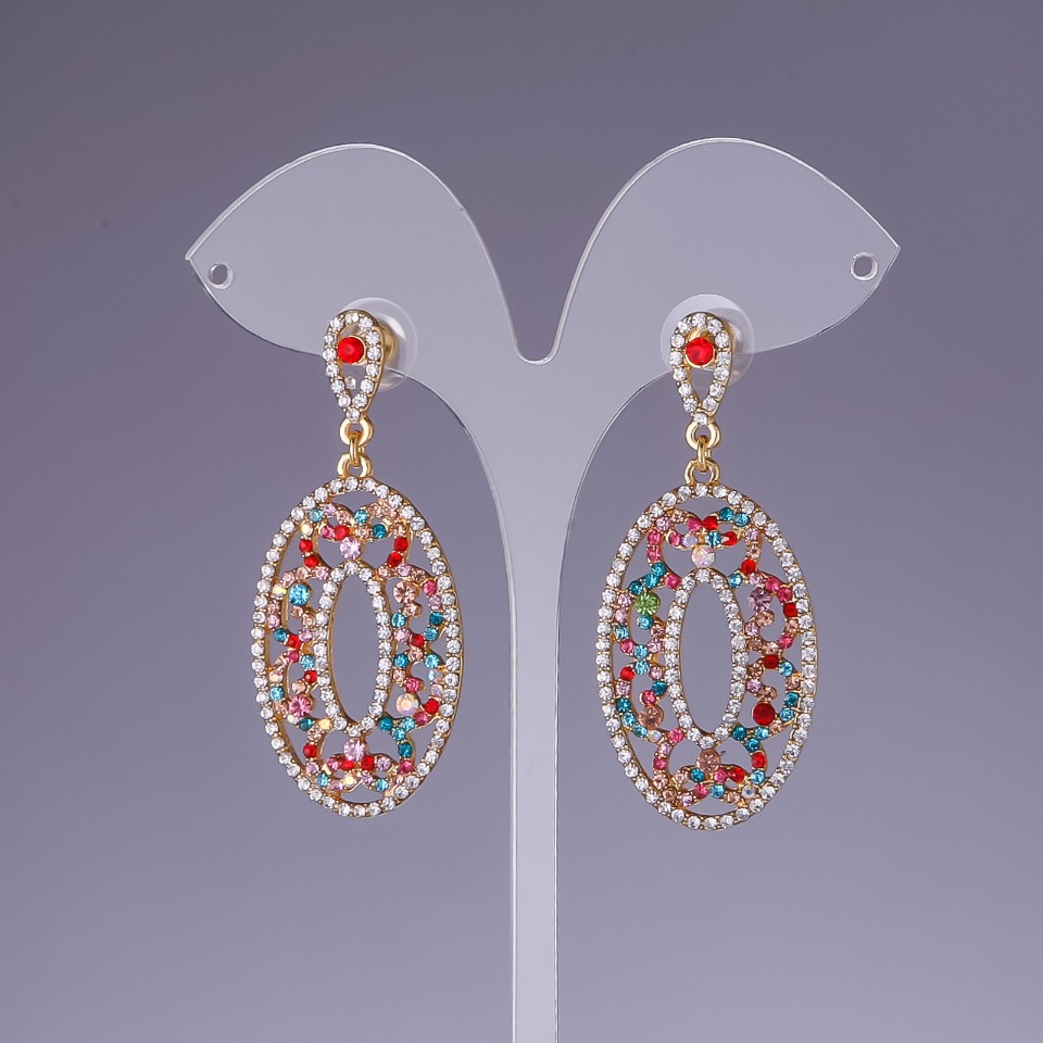 Náušnice s různobarevnými krystaly, délka 5,5 cm, žlutý kov