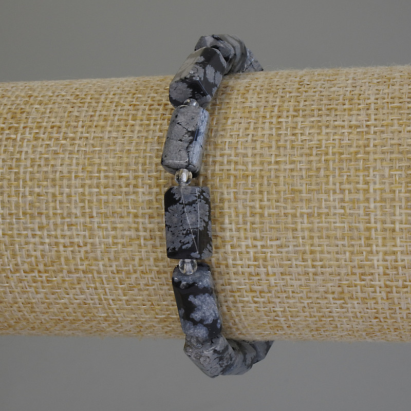 Браслет Сніжний Обсидіан Сльози Апачів оброблена рубка, діаметр 12х7мм+- бісер 3мм+-, довжина 18см+- стрейч