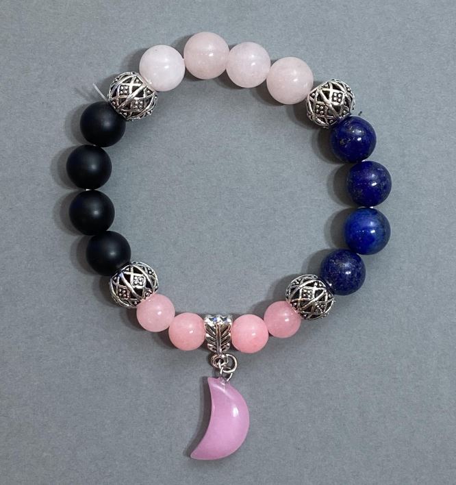 Náramek Směs korálků 10 mm a 8 mm se kovovými vložkami, L-18 mm ±, na elastické bázi