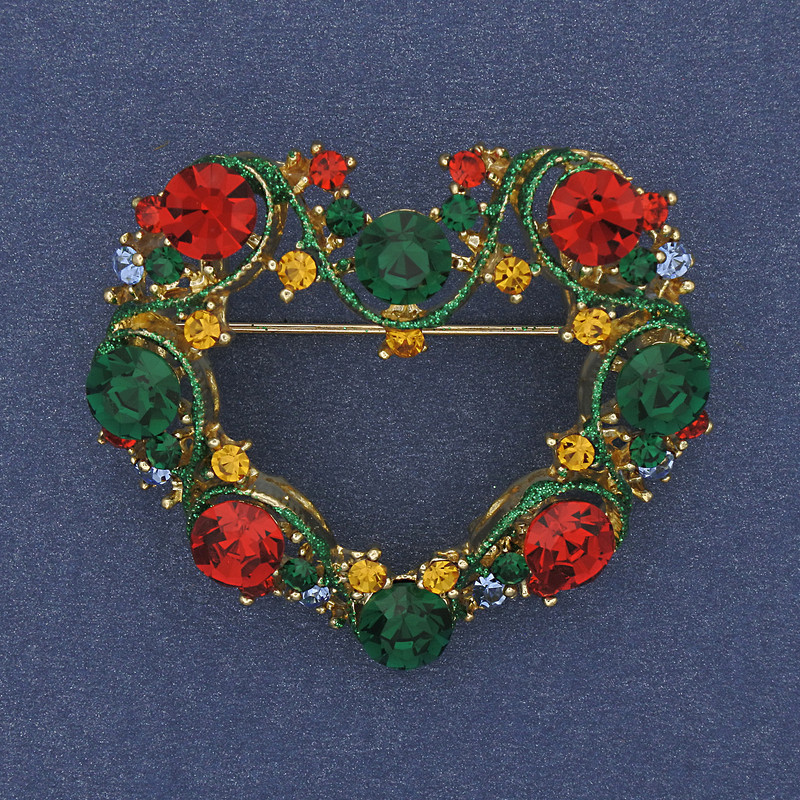 Brožka-přívěšek Srdce s emailem a štrasami, zlatistý kov, 40×35 mm+