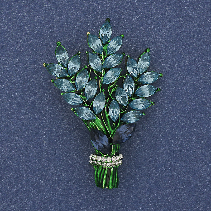 Brož Větvička s modrými a bílými štrasovými kamínky 43×29 mm +