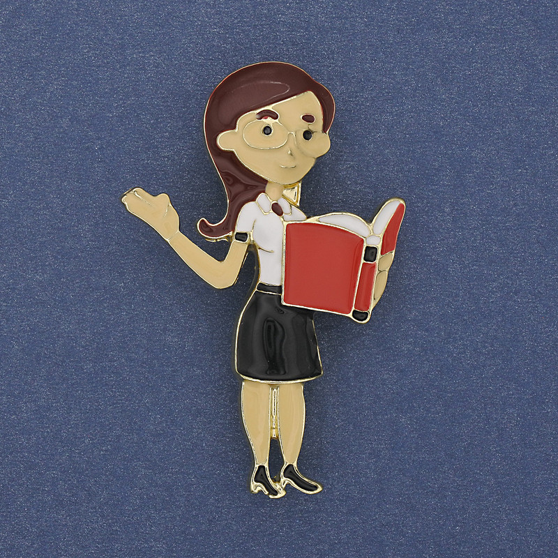 Brož Učitelka s barevným smaltem a zlatistým kovem 52×33 mm+