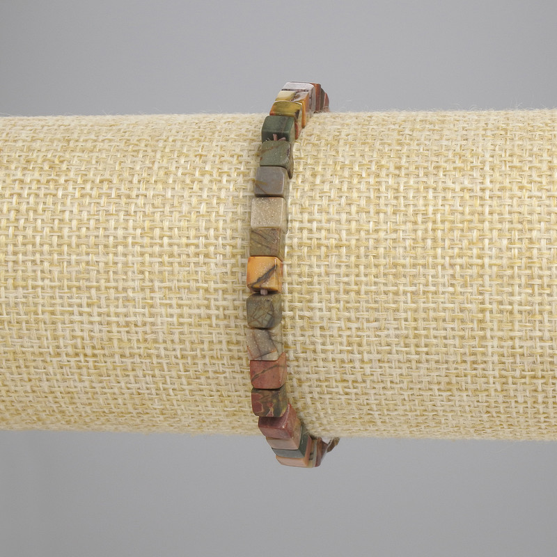 Náramek z jaspisu Picasso kubík 4,5×4,5 mm, délka 18 cm, elastická gumička