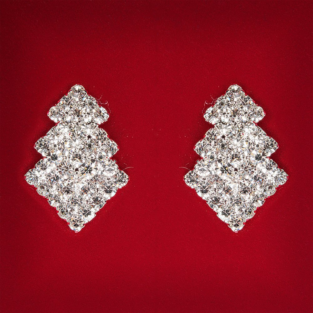 ( 27×18 mm ) Dámské náušnice s bílými štrasovými kamínky, světlý kov, svatební a večerní peckové náušnice ve tvaru vánočního stromku, střední velikost