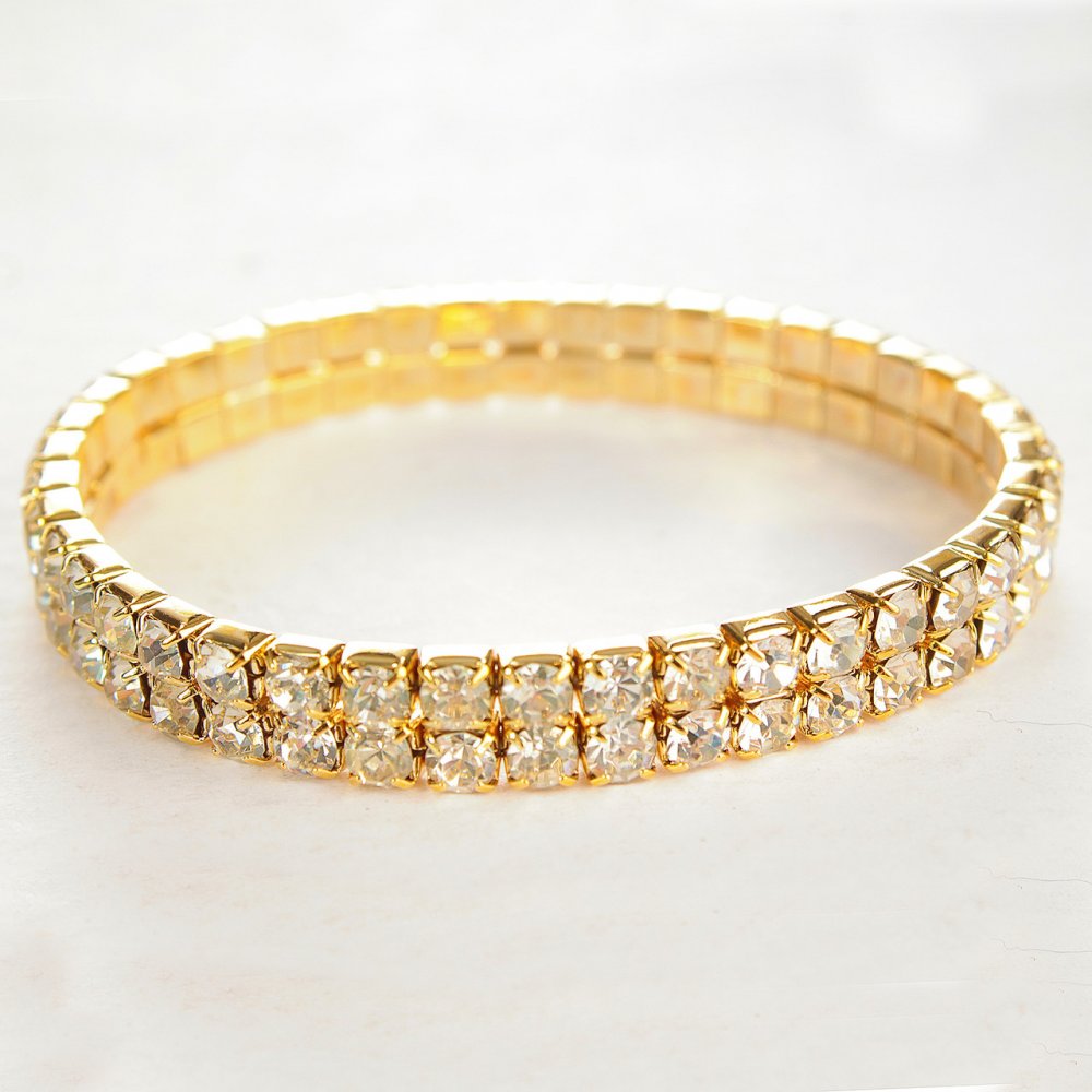 Elegantní dvouřadový náramek na gumičce se štrasami, bílé štrasové kameny, žlutý kov, obvod 17 cm