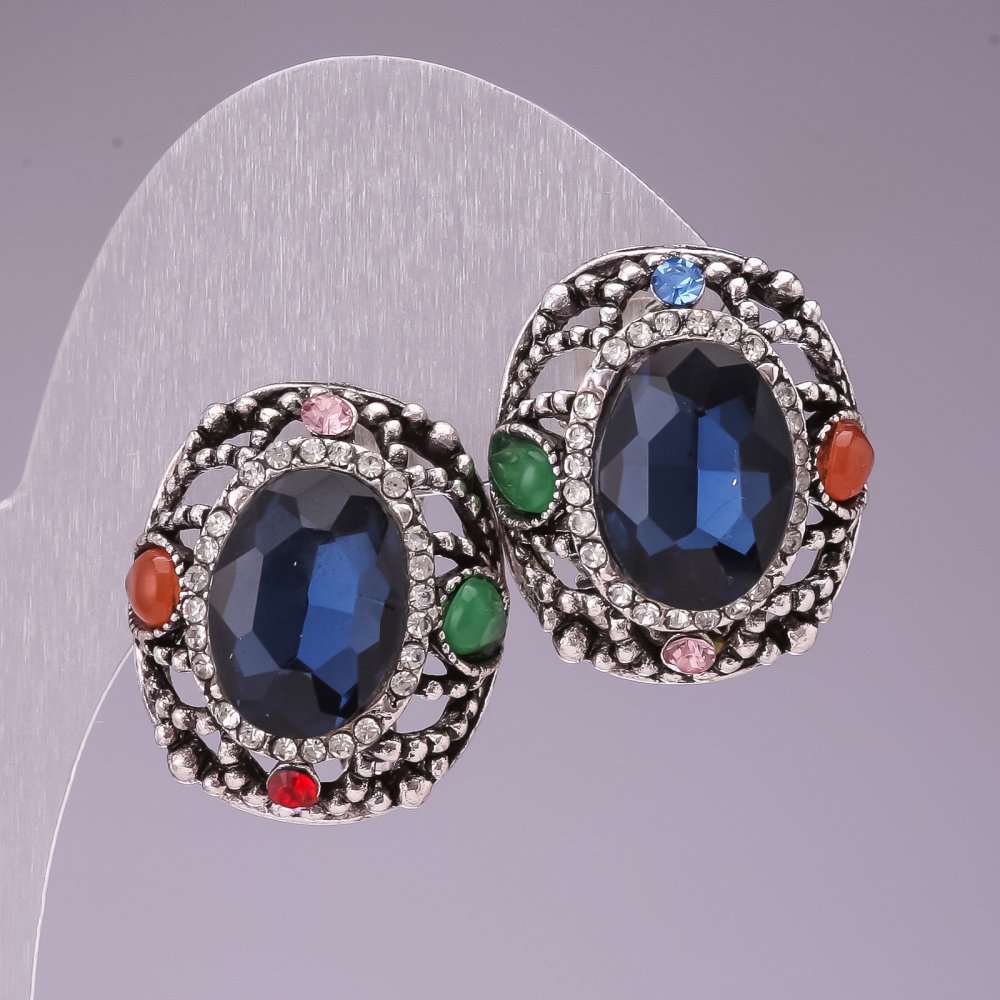 Náušnice 2×2,5 cm, duhové oválné se štrasami a modrým krystalem