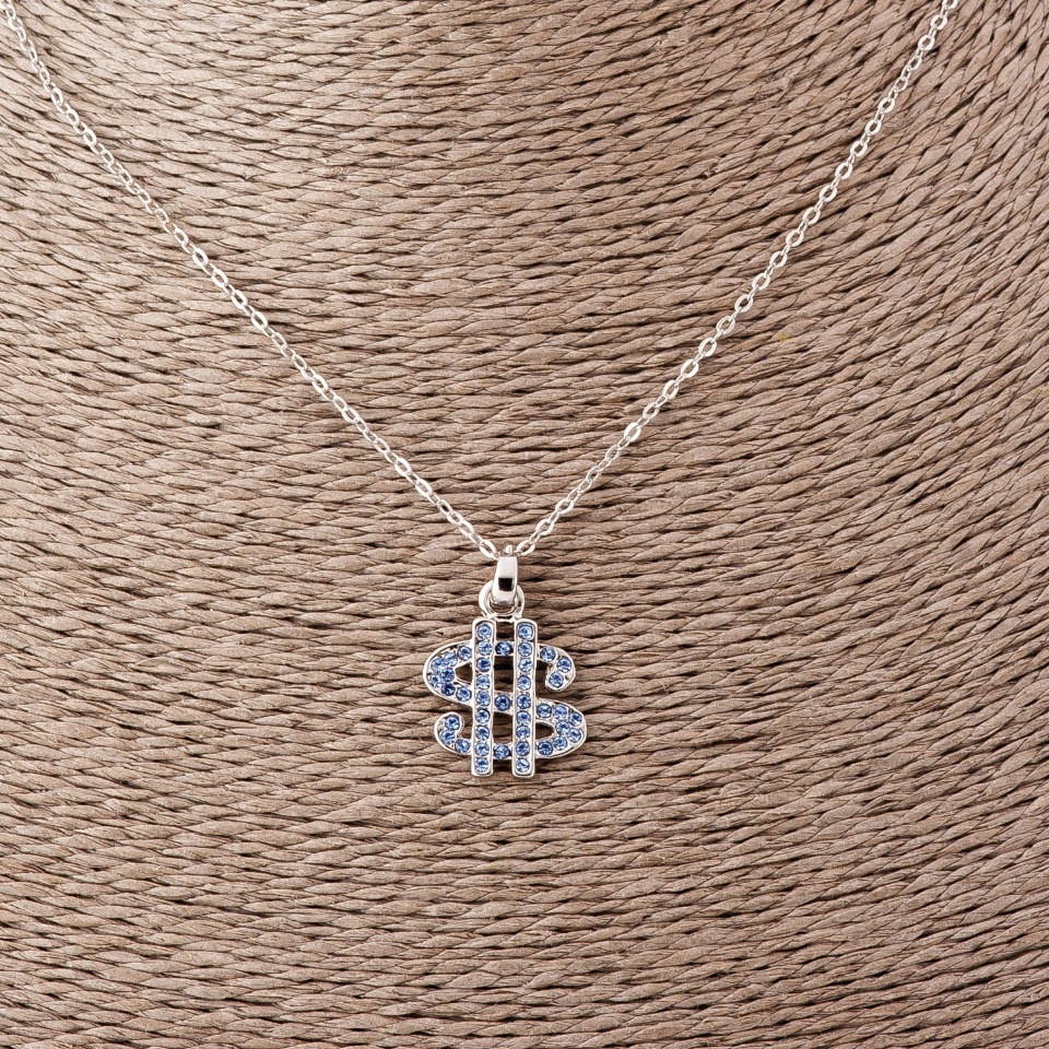 Кулон Долар на якірному ланцюжку блакитні стрази, довжина 52см, діаметр 2х1, 7см сріблястий метал