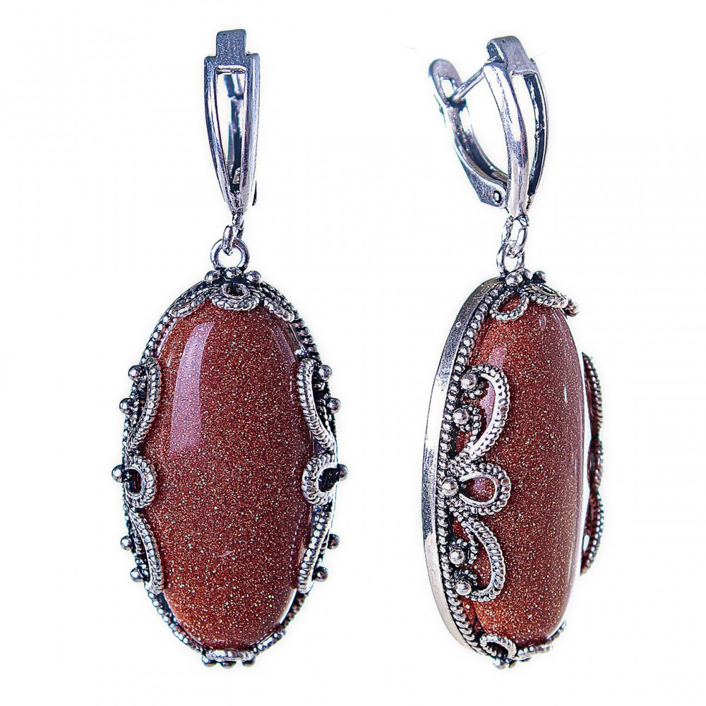 Sleva na náušnice z aventurínu „zlatý písek“ s rámem s krajkovým vzorem, oválný kámen 3×1,7 cm, délka 5 cm