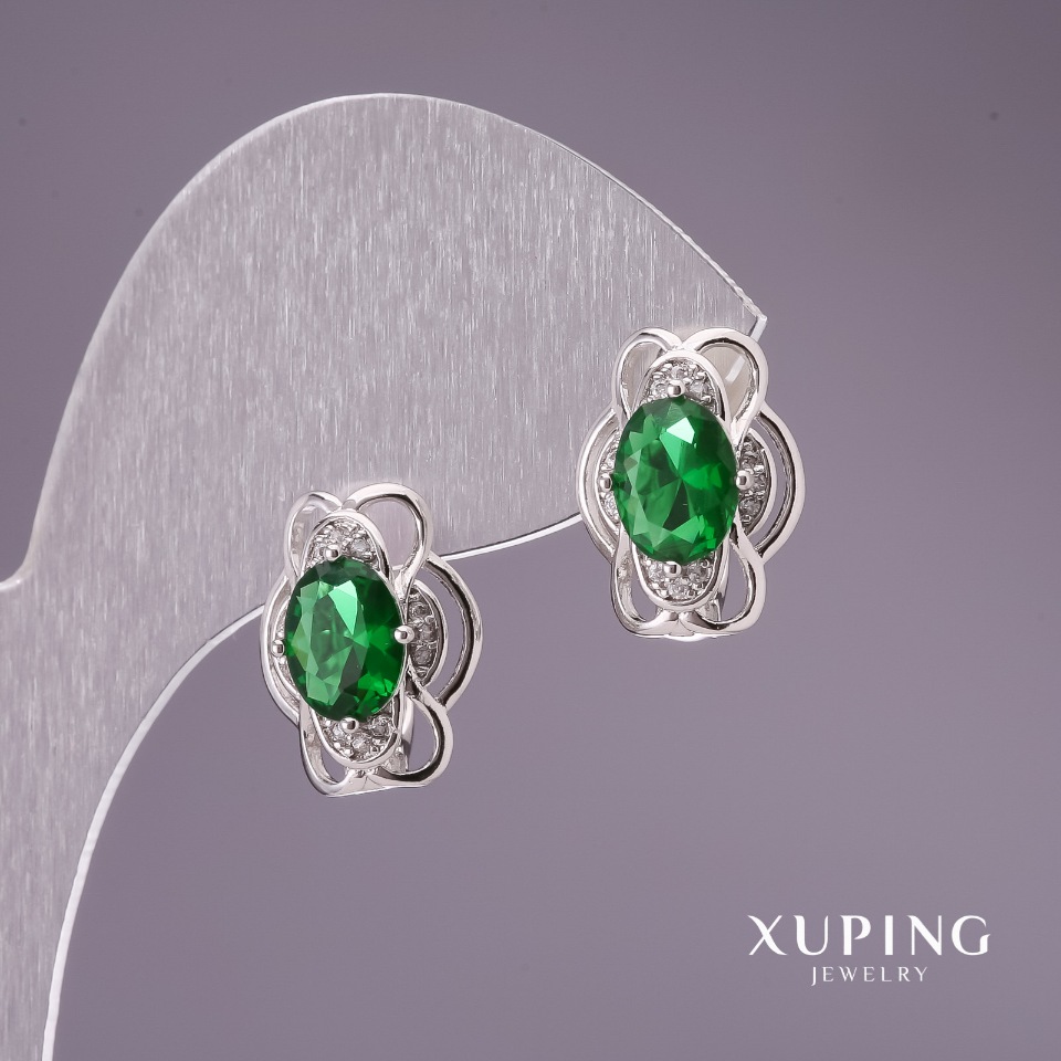 Náušnice Xuping se zelenými kameny 15×12 mm rhodiované
