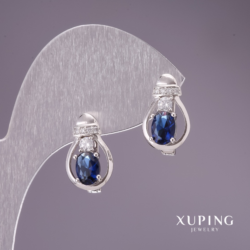 Náušnice Xuping se modrými kameny 16×10 mm rhodiované