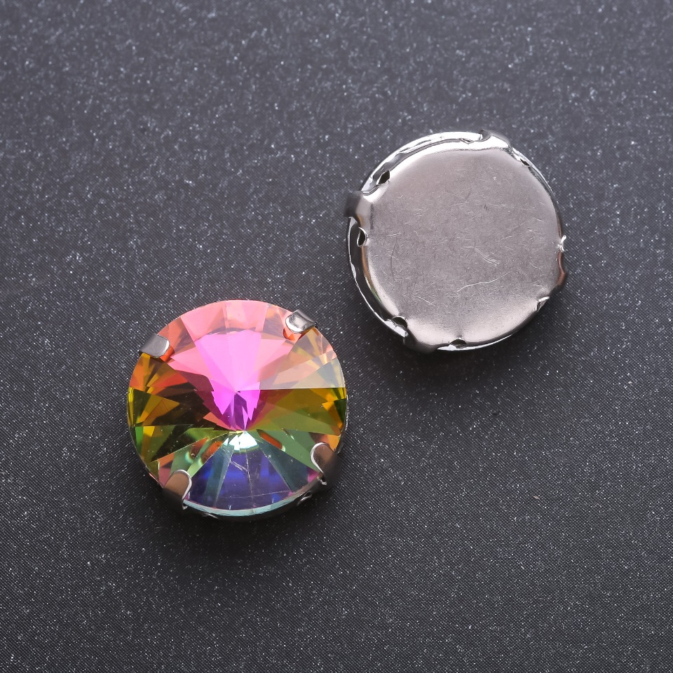 Ціна за уп. /10шт. Пришивний кристал "ріволі" в цапі круглий 18мм зелено-жовтий