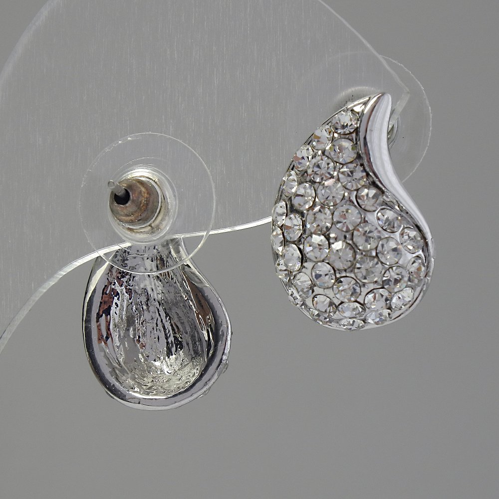 Náušnice peckové se krystaly, barva bílá, 12×18 mm, kov stříbrné barvy