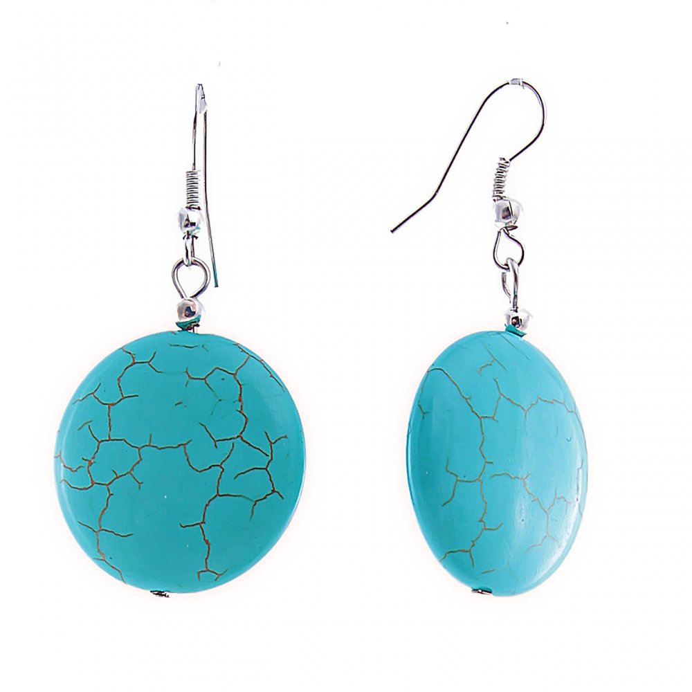 Náušnice visací s kulatými kabošony tyrkysové barvy se žilkami, 48×23 mm