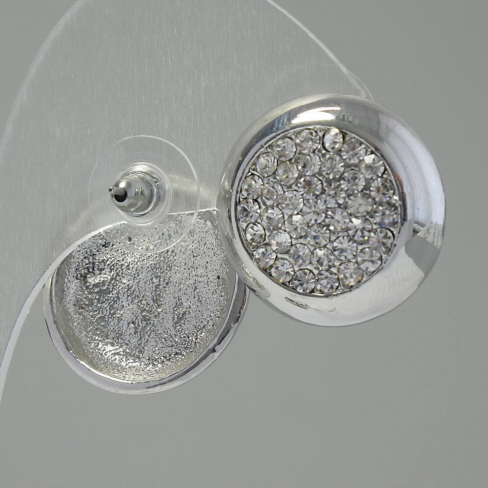 Náušnice peckové Kolo, bílé štrasové kamínky, kov s povrchovou úpravou ve stříbrném odstínu, průměr 2 cm