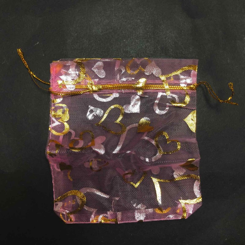 Dárkový pytlíček z organzy růžový se zlatými srdci a šňůrkami 120×100 mm + - 100 ks +