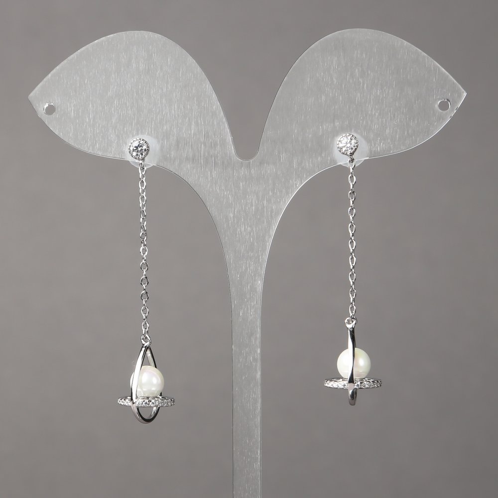 Náušnice Xuping rhodiované s bílými štrasovými kamínky a korálkami 15×11 mm, délka 50 mm, tloušťka 1,1 mm