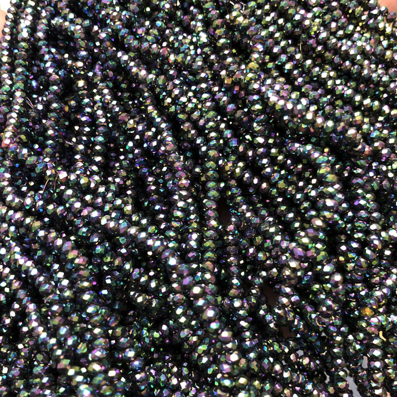 Korálky Český křišťál na niti s benzínovým nástřikem, broušený rondel, průměr 3 × 2,5 mm, délka cca 36 cm + -