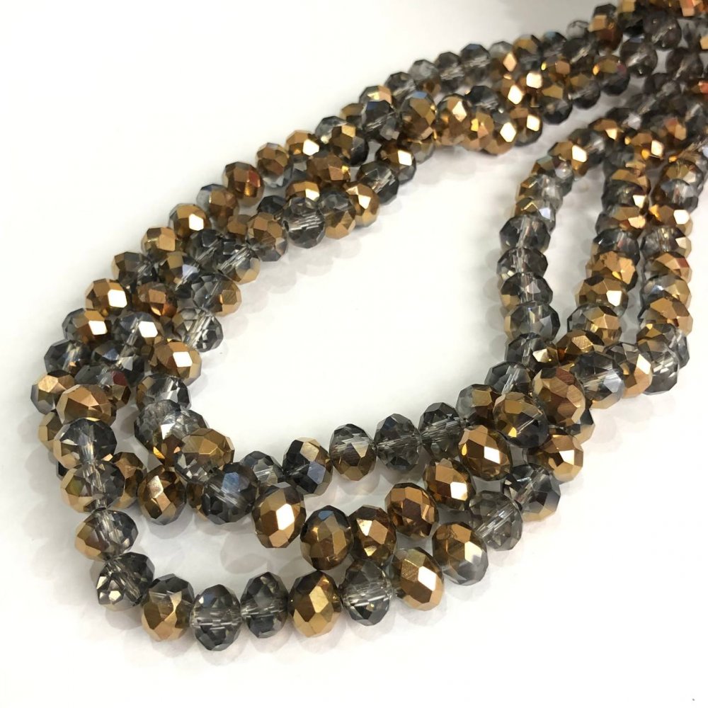 Korálky z Českého křišťálu na niti, šedá směs s povrchovou úpravou, brusované rondely, průměr 8×6 mm, délka 40–42 cm