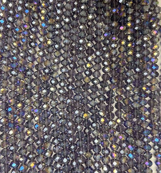 Korálky Český křišťál na šňůrce, fialově průhledné, s benzínovým nástřikem, brusované rondelové, průměr 8×6,5 mm + -, délka 40–42 cm