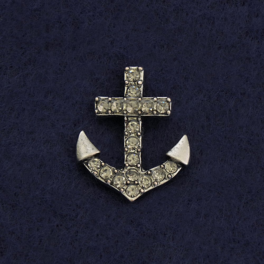 Brož na šroubovací zapínání „Kotva“ 2 cm, šedý kov, se štrasovými kamínky