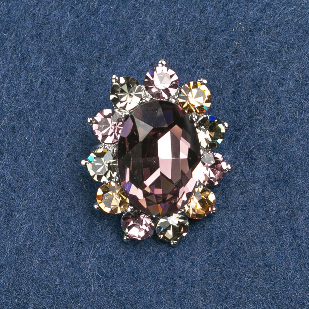 Brož Akcent s kamenem ve tvaru markýze, fialově žlutá, 30 × 24 mm, stříbrný kov