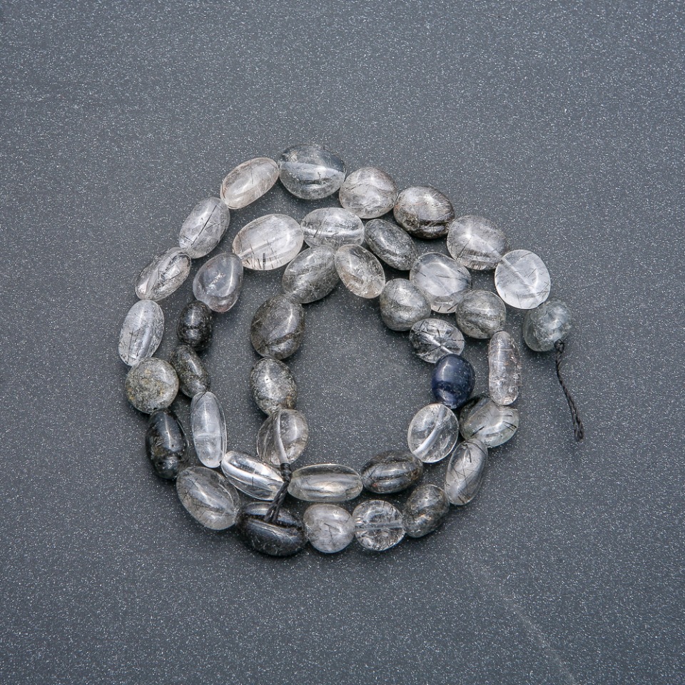 Korálky na niti z přírodního kamene rutilitový křemen vláskový, fazetované, průměr 8×9 mm, délka 41 cm +