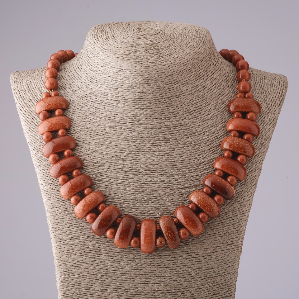 Náhrdelník Kleopatra z aventurinu 'zlatý písek' s články 12×25 mm a korálkou 10 mm, délka 50 cm